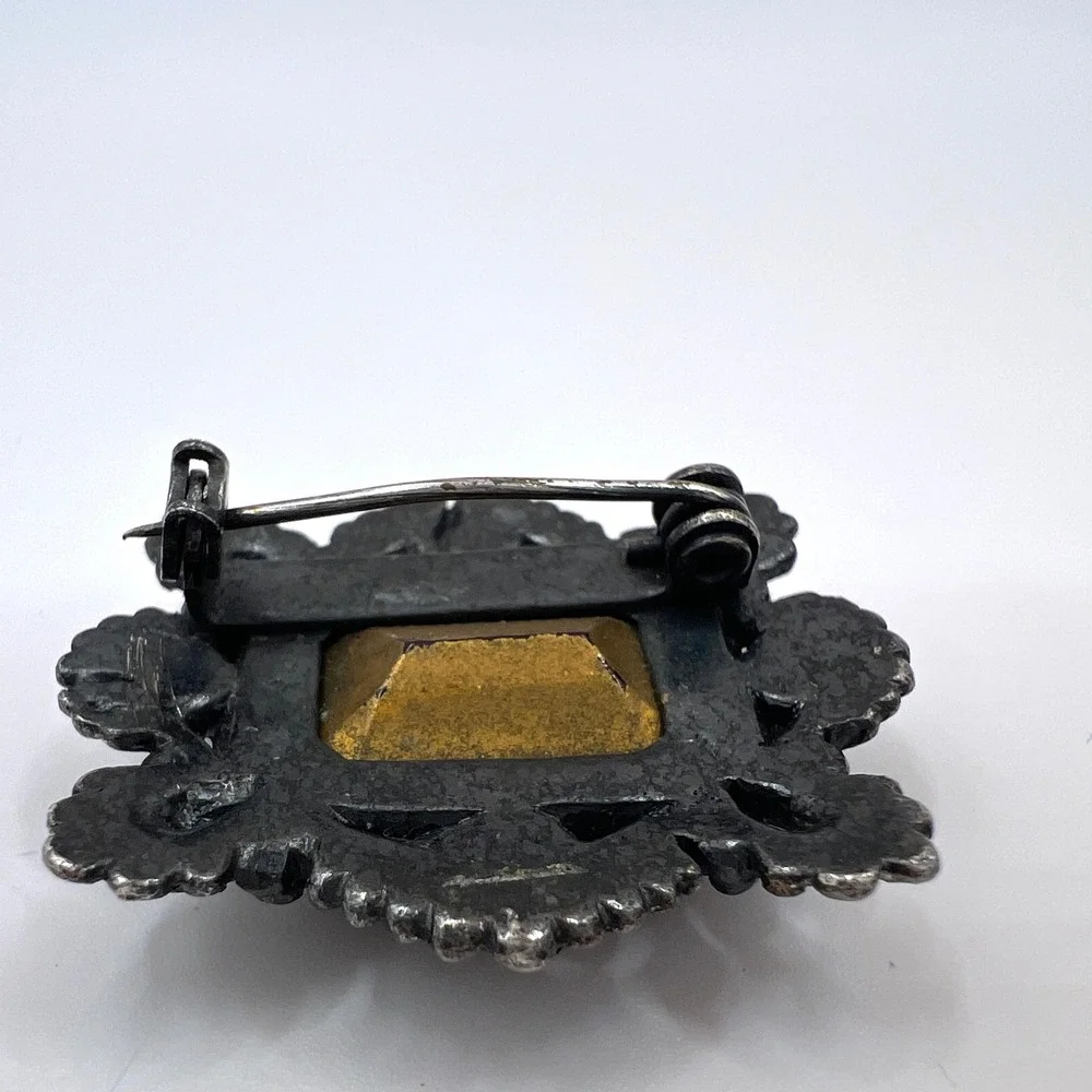 Vintage Ornate Silver Tone Red Glass Emerald Cut Stone Brooch Victorian Style